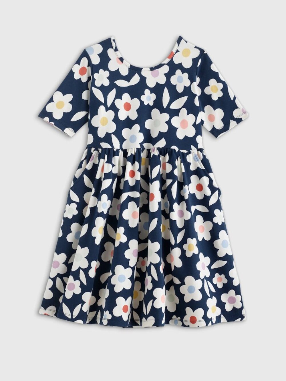 Quince Girls Organic Cotton Fit and Flare Pocket Dress in Geo Daisy 7